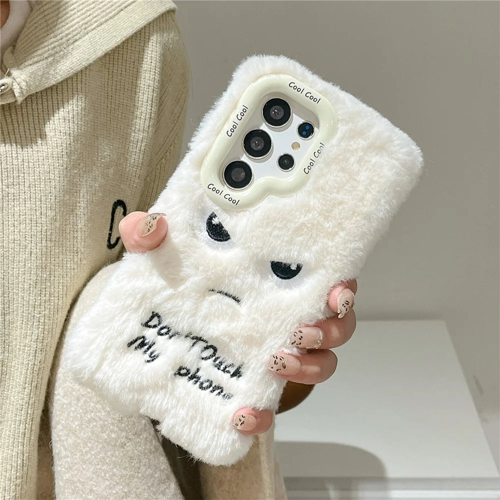 KJS-020 For Samsung Galaxy S24 Ultra Case Lens Kickstand Humorous Face Warm Fluffy TPU Phone Cover - White - 3