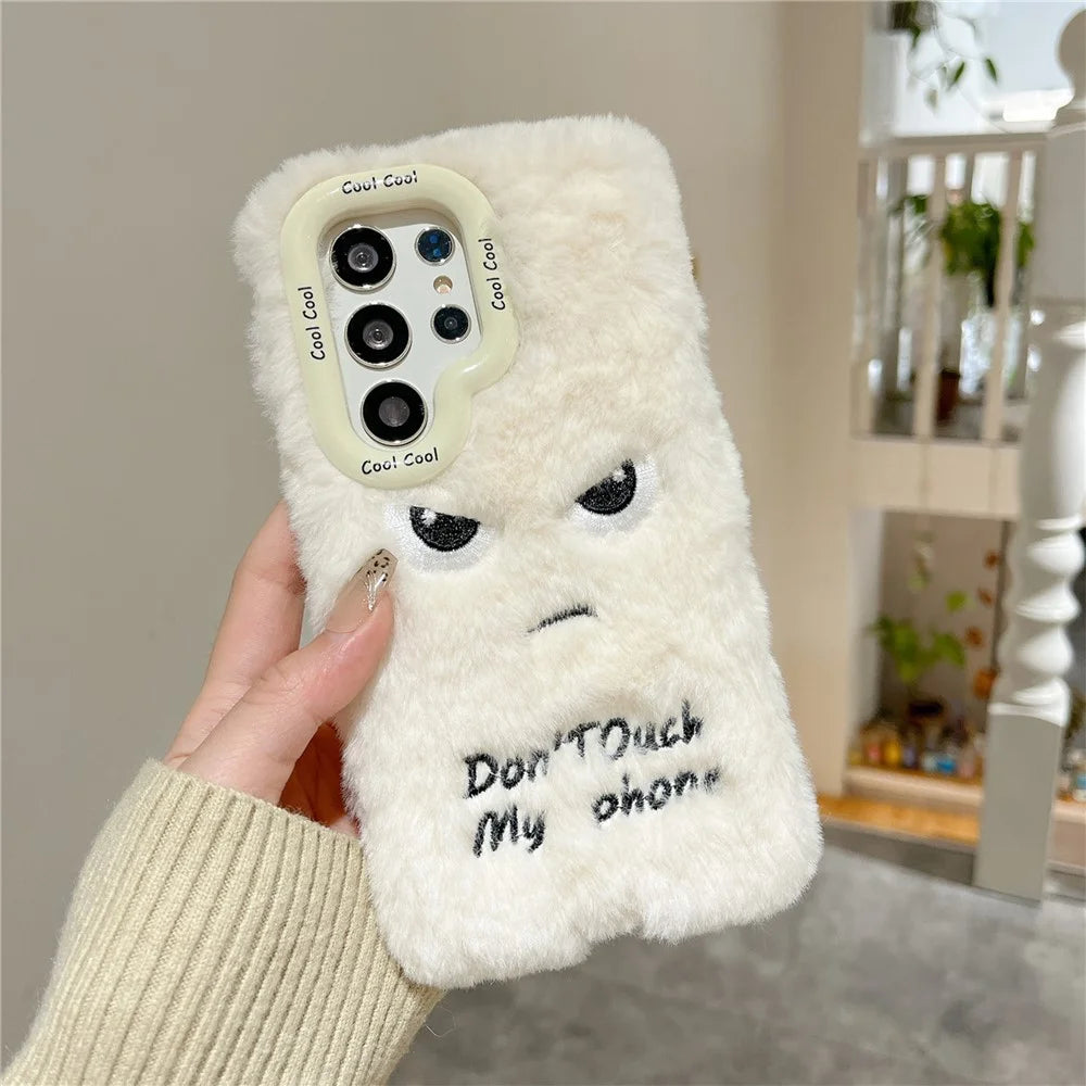 KJS-020 For Samsung Galaxy S24 Ultra Case Lens Kickstand Humorous Face Warm Fluffy TPU Phone Cover - White - 5