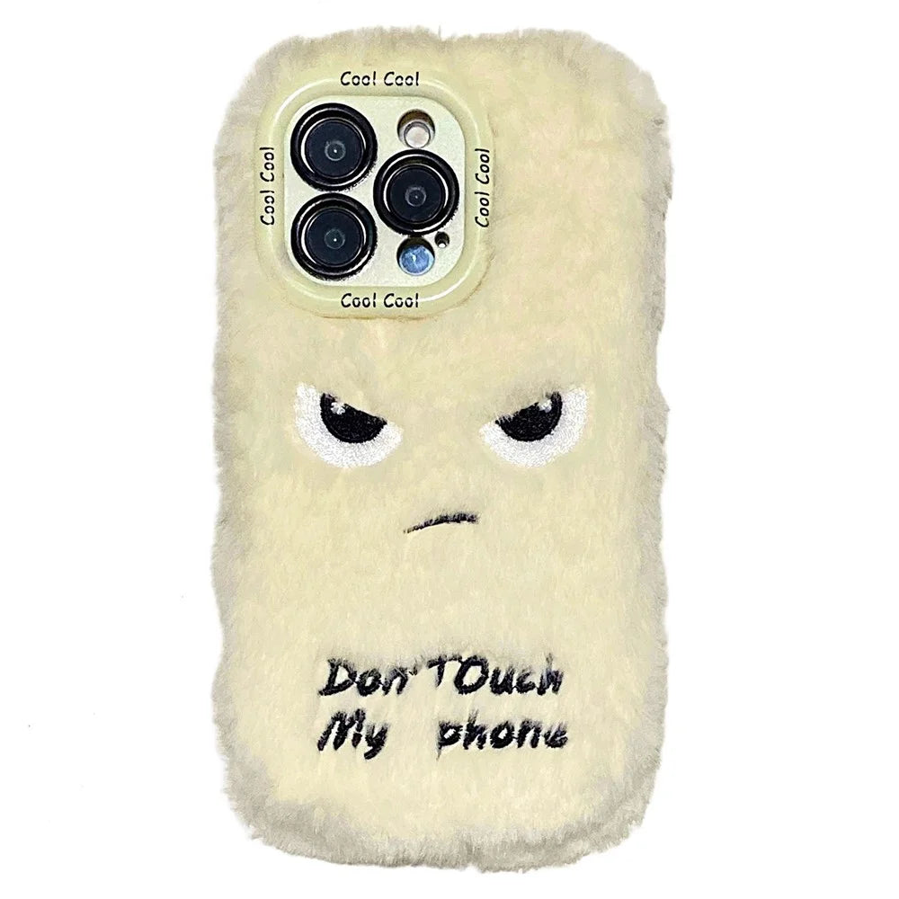 KJS-020 For iPhone 15 Pro Max Case Lens Kickstand Humorous Face Warm Fluffy TPU Phone Cover - White - 1