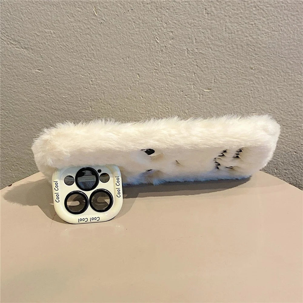 KJS-020 For iPhone 15 Pro Max Case Lens Kickstand Humorous Face Warm Fluffy TPU Phone Cover - White - 3