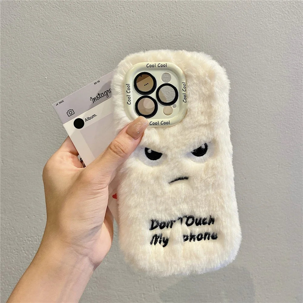 KJS-020 For iPhone 15 Pro Max Case Lens Kickstand Humorous Face Warm Fluffy TPU Phone Cover - White - 4