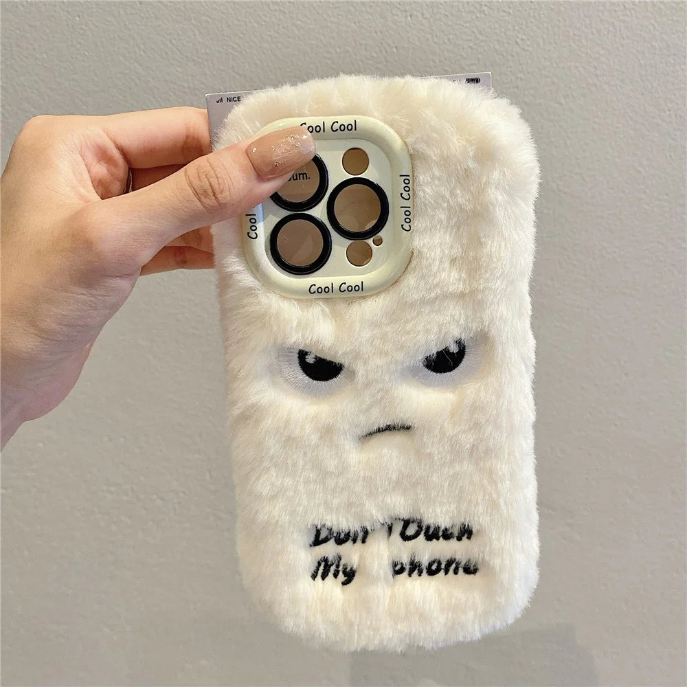 KJS-020 For iPhone 15 Pro Max Case Lens Kickstand Humorous Face Warm Fluffy TPU Phone Cover - White - 5