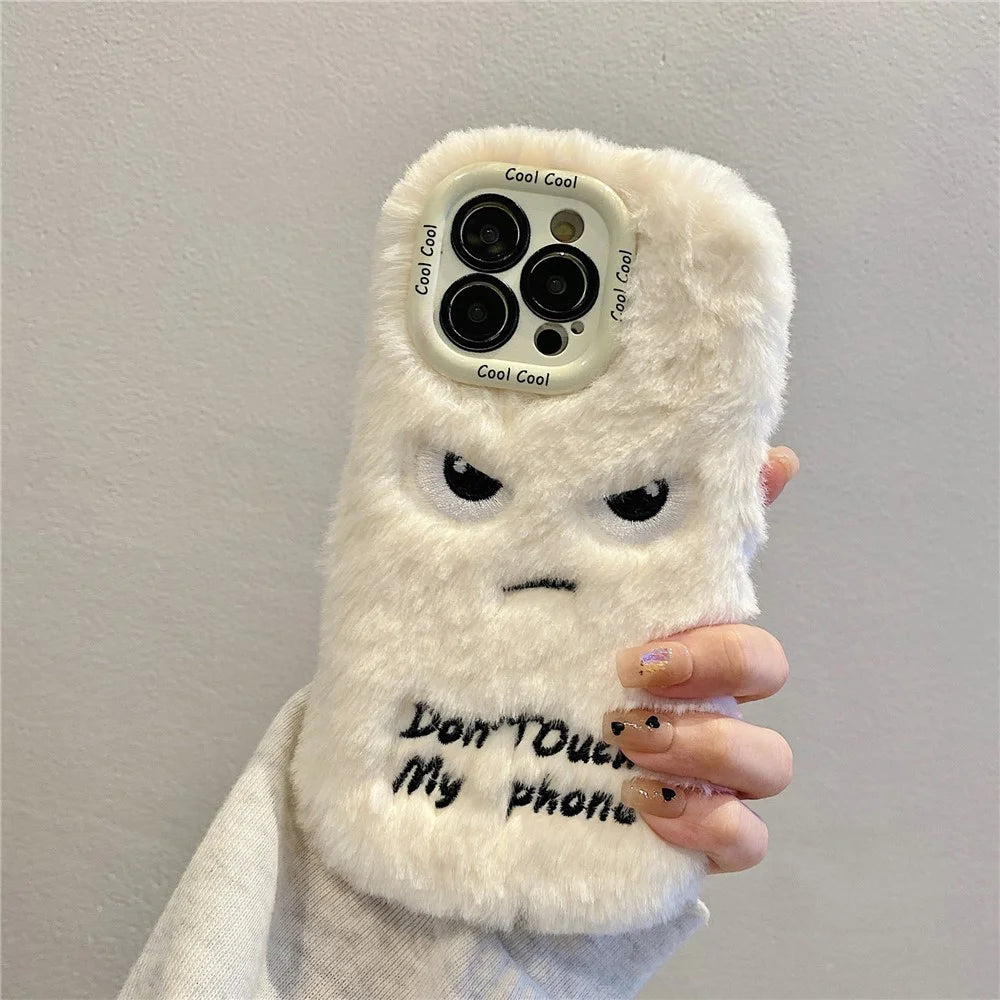 KJS-020 For iPhone 15 Pro Max Case Lens Kickstand Humorous Face Warm Fluffy TPU Phone Cover - White - 6