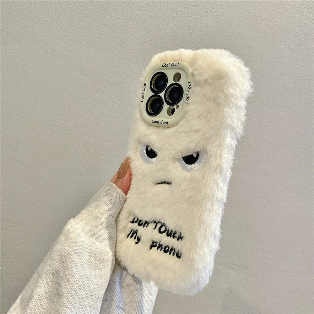 KJS-020 For iPhone 15 Pro Max Case Lens Kickstand Humorous Face Warm Fluffy TPU Phone Cover - White - 7