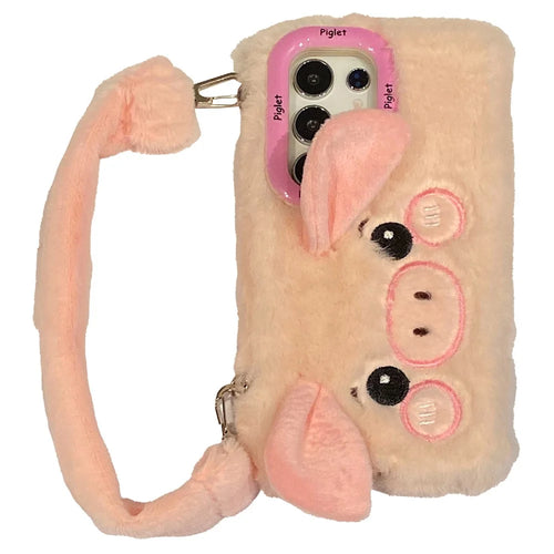 KJS-019 For Samsung Galaxy S24 Ultra Case Lens Kickstand TPU Piglet Plush Handheld Phone Cover - Pink - 1