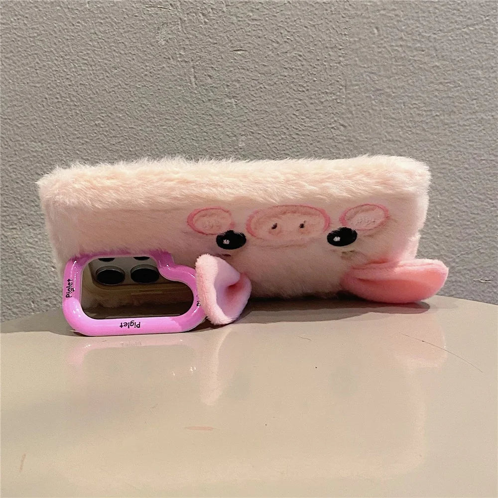 KJS-019 For Samsung Galaxy S24 Ultra Case Lens Kickstand TPU Piglet Plush Handheld Phone Cover - Pink - 2