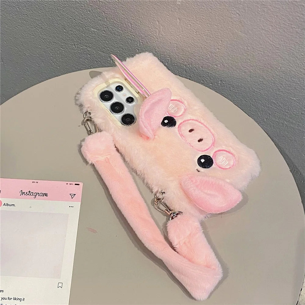 KJS-019 For Samsung Galaxy S24 Ultra Case Lens Kickstand TPU Piglet Plush Handheld Phone Cover - Pink - 3