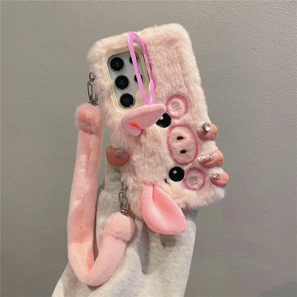 KJS-019 For Samsung Galaxy S24 Ultra Case Lens Kickstand TPU Piglet Plush Handheld Phone Cover - Pink - 4