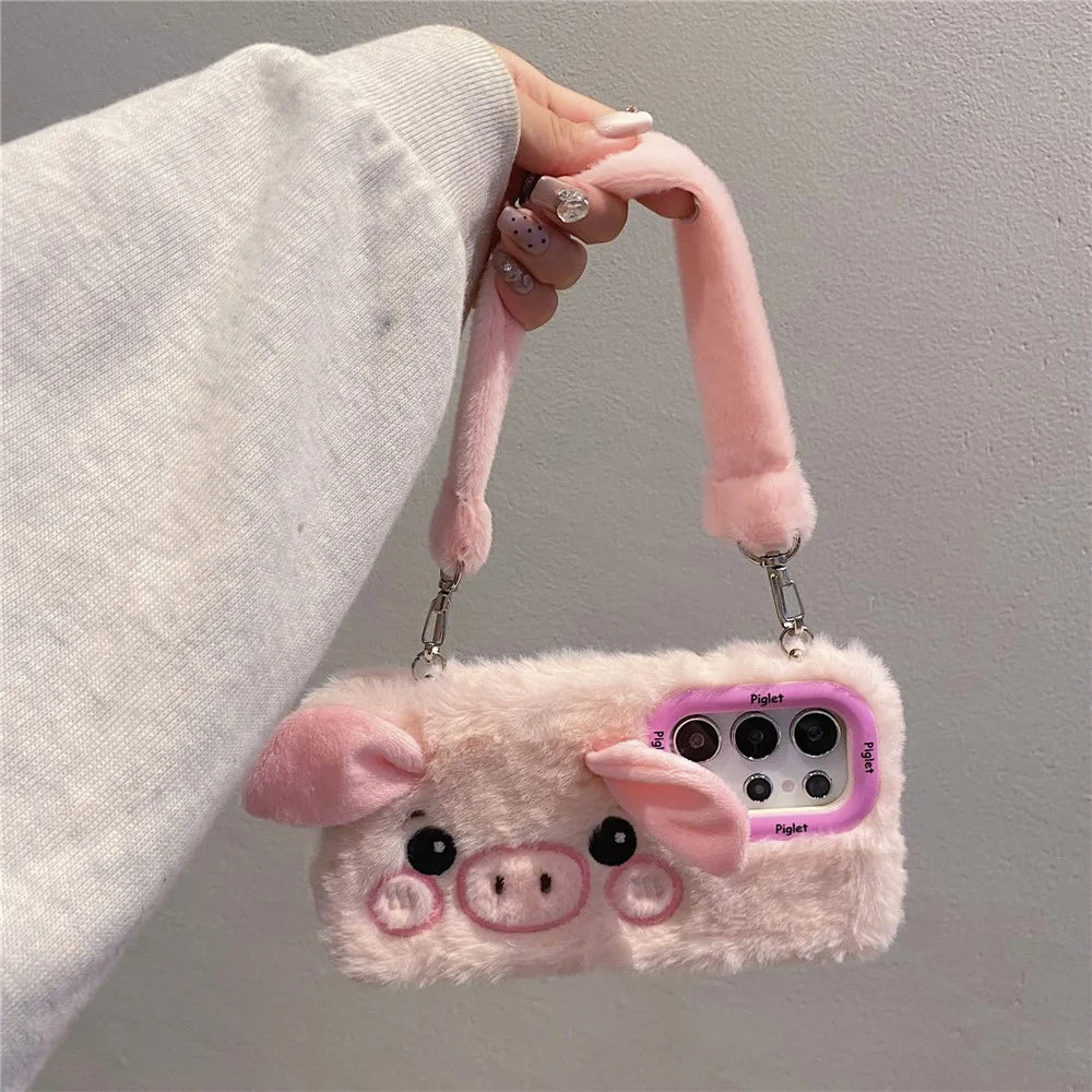 KJS-019 For Samsung Galaxy S24 Ultra Case Lens Kickstand TPU Piglet Plush Handheld Phone Cover - Pink - 5