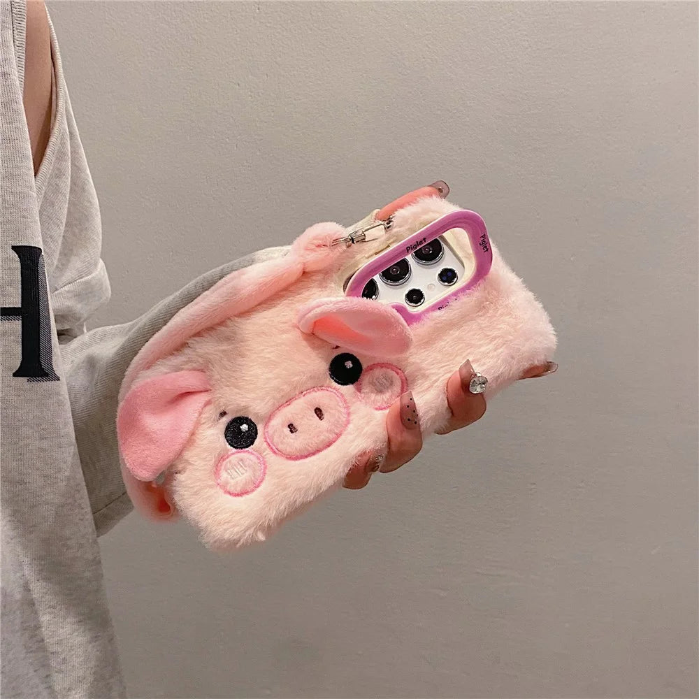 KJS-019 For Samsung Galaxy S24 Ultra Case Lens Kickstand TPU Piglet Plush Handheld Phone Cover - Pink - 6