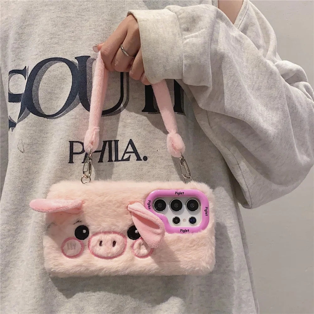 KJS-019 For Samsung Galaxy S24 Ultra Case Lens Kickstand TPU Piglet Plush Handheld Phone Cover - Pink - 7