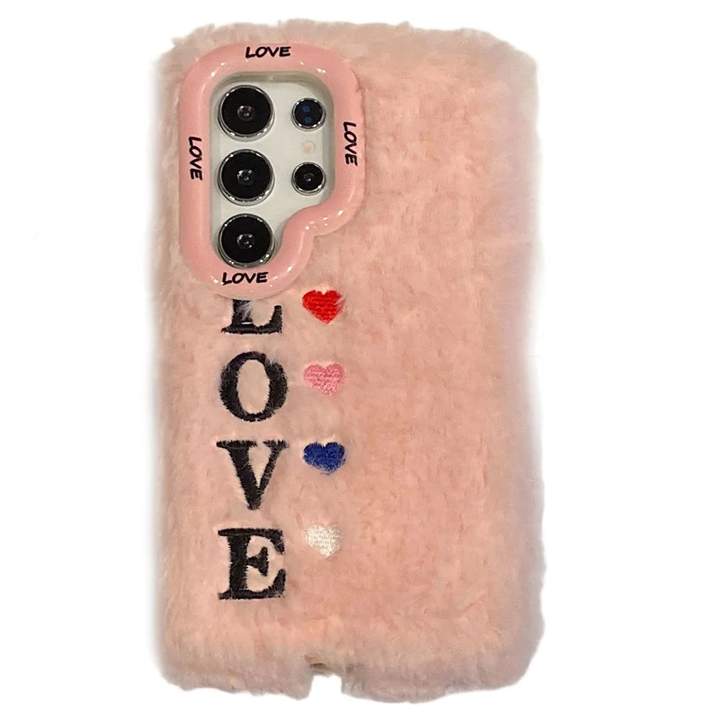 KJS-002 For Samsung Galaxy S24 Ultra Case Lens Kickstand Embroidered LOVE Fluffy TPU Phone Cover - Pink - 1