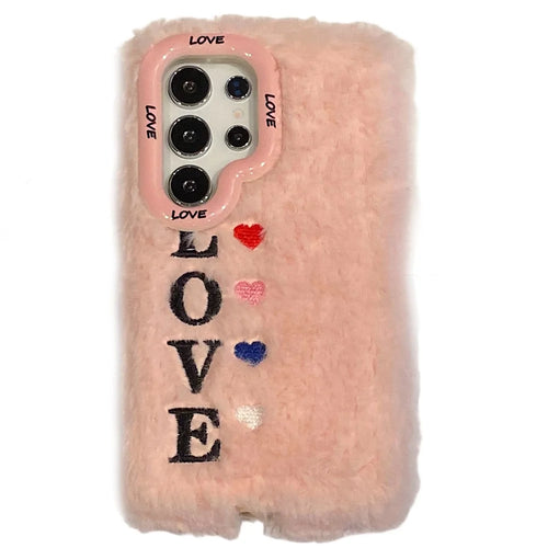 KJS-002 For Samsung Galaxy S24 Ultra Case Lens Kickstand Embroidered LOVE Fluffy TPU Phone Cover - Pink - 1