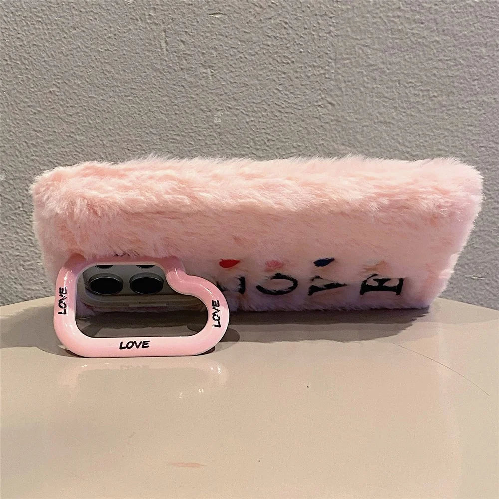 KJS-002 For Samsung Galaxy S24 Ultra Case Lens Kickstand Embroidered LOVE Fluffy TPU Phone Cover - Pink - 2