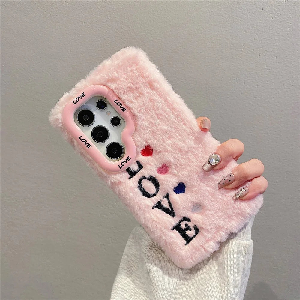KJS-002 For Samsung Galaxy S24 Ultra Case Lens Kickstand Embroidered LOVE Fluffy TPU Phone Cover - Pink - 5