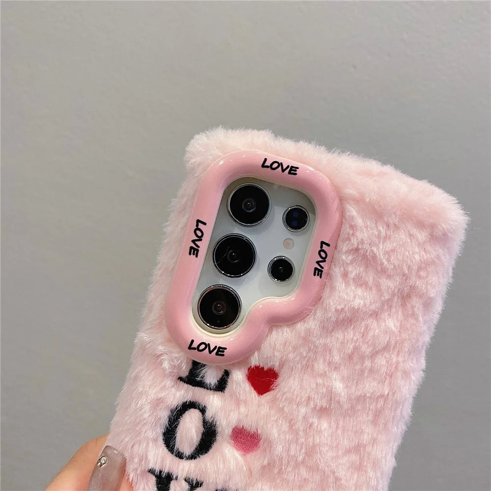 KJS-002 For Samsung Galaxy S24 Ultra Case Lens Kickstand Embroidered LOVE Fluffy TPU Phone Cover - Pink - 7