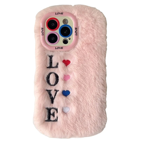KJS-002 For iPhone 15 Pro Max Case Lens Kickstand Embroidered LOVE Fluffy TPU Phone Cover - Pink - 1