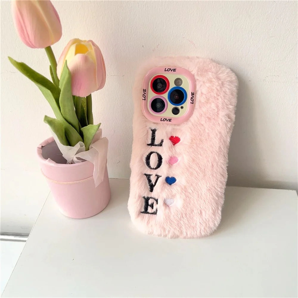 KJS-002 For iPhone 15 Pro Max Case Lens Kickstand Embroidered LOVE Fluffy TPU Phone Cover - Pink - 2