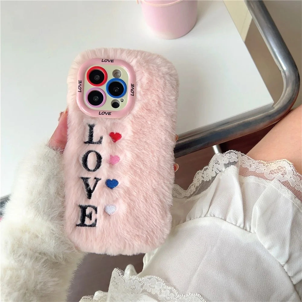 KJS-002 For iPhone 15 Pro Max Case Lens Kickstand Embroidered LOVE Fluffy TPU Phone Cover - Pink - 3