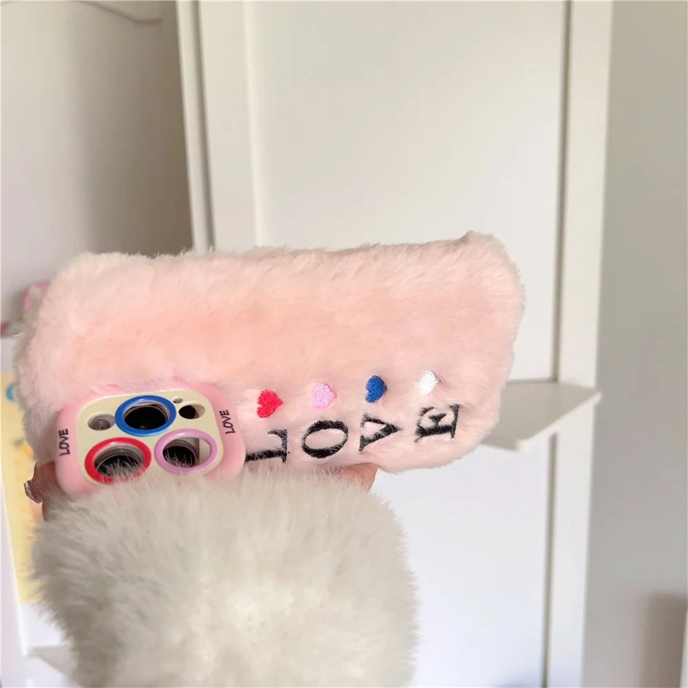 KJS-002 For iPhone 15 Pro Max Case Lens Kickstand Embroidered LOVE Fluffy TPU Phone Cover - Pink - 4