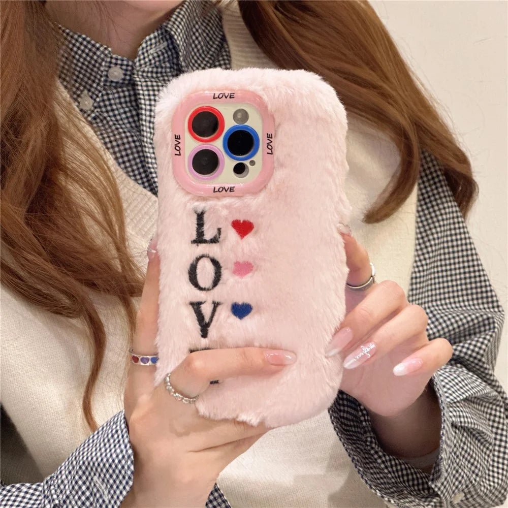 KJS-002 For iPhone 15 Pro Max Case Lens Kickstand Embroidered LOVE Fluffy TPU Phone Cover - Pink - 5