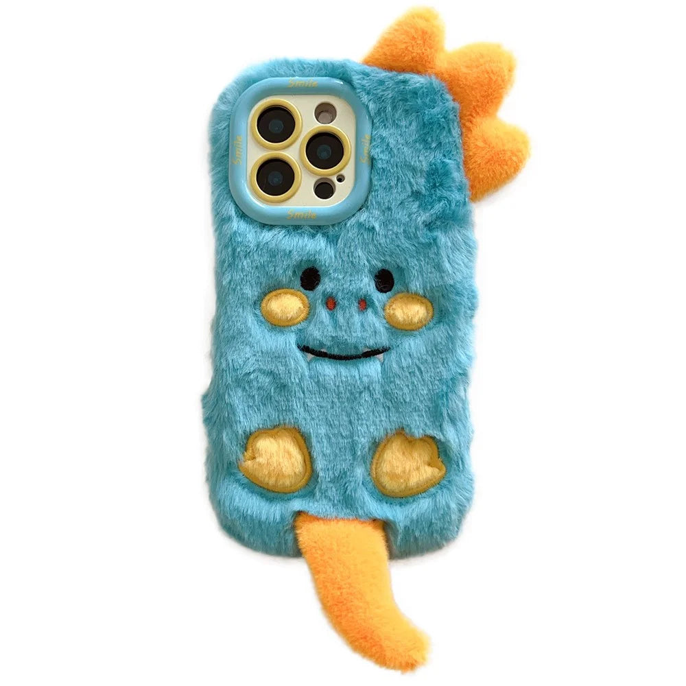 KJS-027 For iPhone 15 Pro Max Case Monster Dinosaur Lens Kickstand TPU Warm Plush Phone Cover - 1