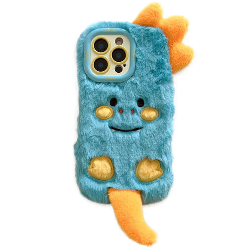 KJS-027 For iPhone 15 Pro Max Case Monster Dinosaur Lens Kickstand TPU Warm Plush Phone Cover - 1