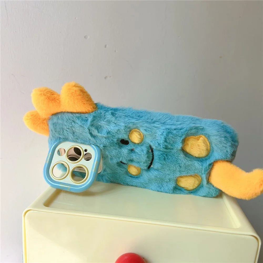 KJS-027 For iPhone 15 Pro Max Case Monster Dinosaur Lens Kickstand TPU Warm Plush Phone Cover - 2