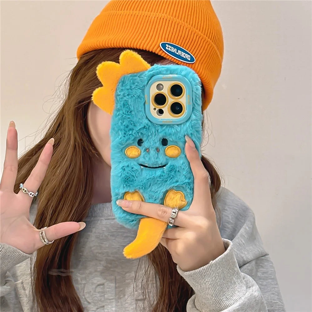KJS-027 For iPhone 15 Pro Max Case Monster Dinosaur Lens Kickstand TPU Warm Plush Phone Cover - 3