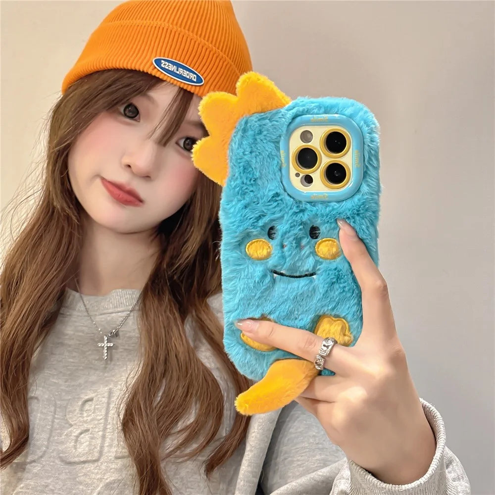 KJS-027 For iPhone 15 Pro Max Case Monster Dinosaur Lens Kickstand TPU Warm Plush Phone Cover - 4