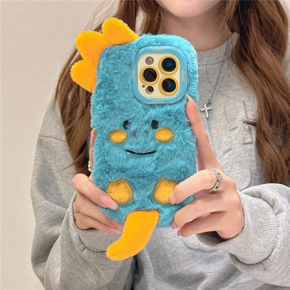 KJS-027 For iPhone 15 Pro Max Case Monster Dinosaur Lens Kickstand TPU Warm Plush Phone Cover - 5