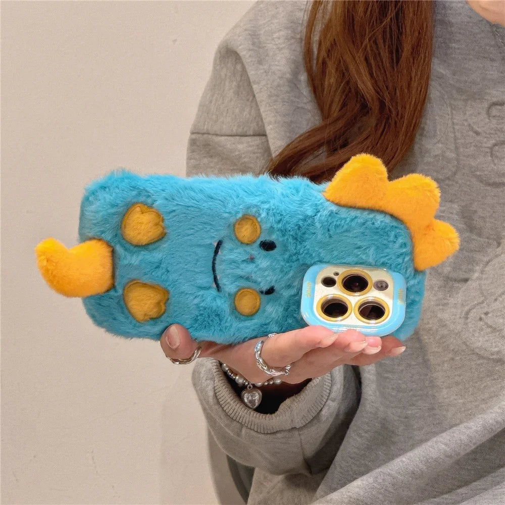 KJS-027 For iPhone 15 Pro Max Case Monster Dinosaur Lens Kickstand TPU Warm Plush Phone Cover - 6
