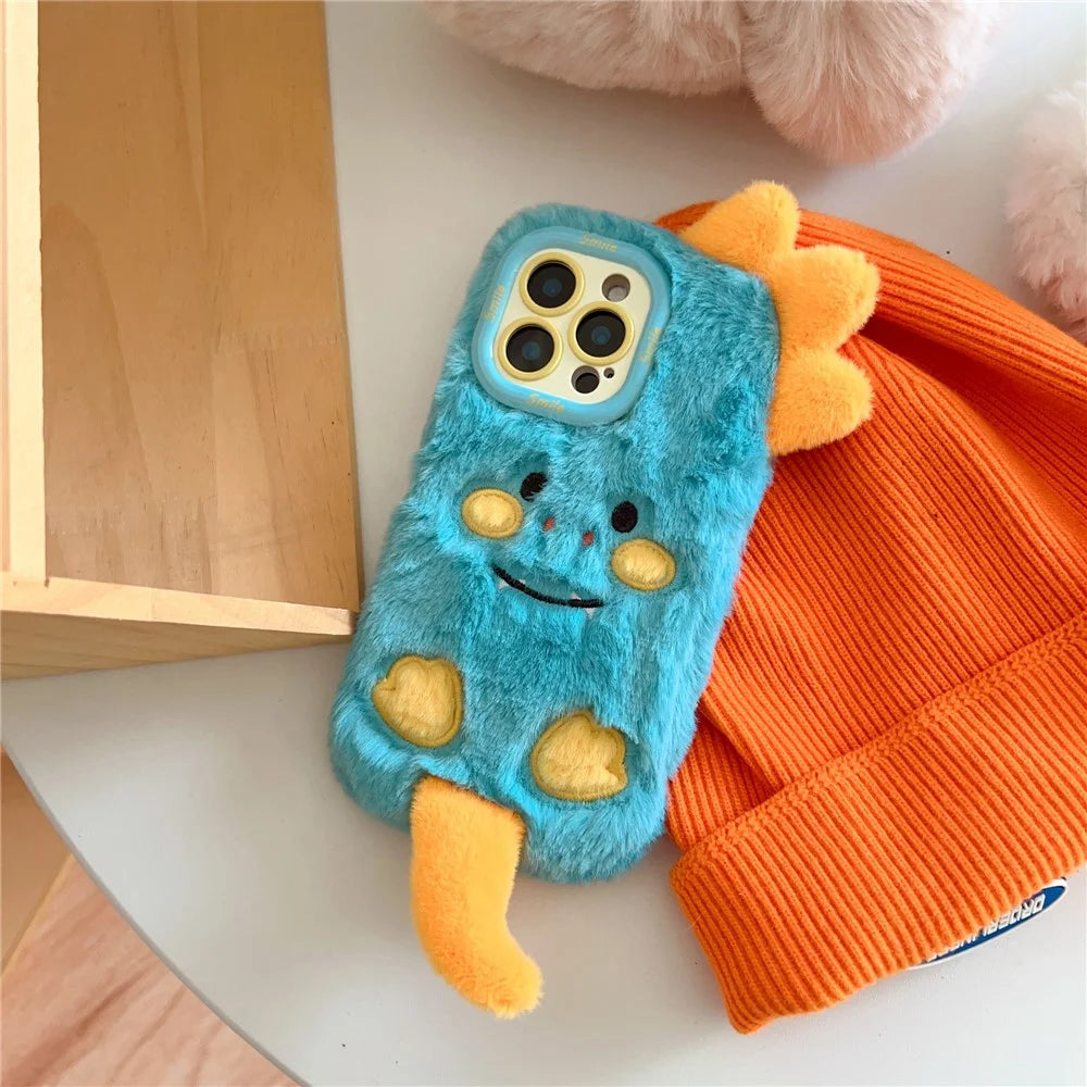 KJS-027 For iPhone 15 Pro Max Case Monster Dinosaur Lens Kickstand TPU Warm Plush Phone Cover - 7