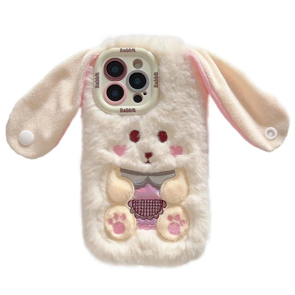 KJS-023 For iPhone 15 Pro Max Case Cute Rabbit Lens Kickstand TPU Warm Plush Handheld Phone Cover - White - 1