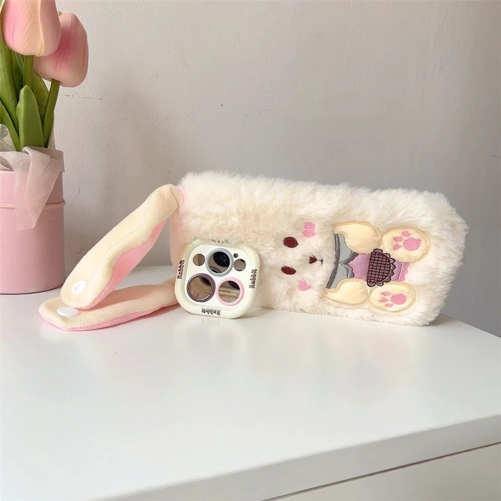 KJS-023 For iPhone 15 Pro Max Case Cute Rabbit Lens Kickstand TPU Warm Plush Handheld Phone Cover - White - 2