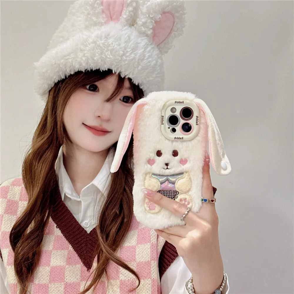 KJS-023 For iPhone 15 Pro Max Case Cute Rabbit Lens Kickstand TPU Warm Plush Handheld Phone Cover - White - 3