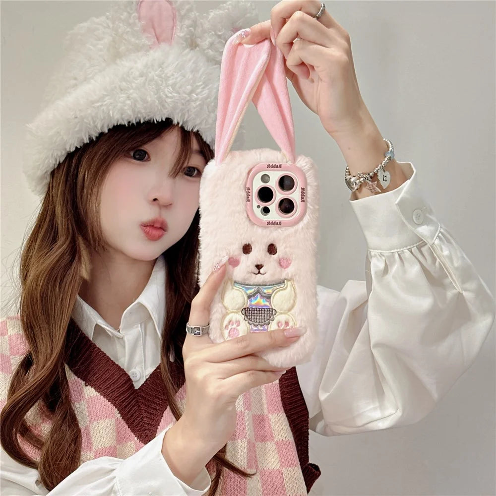 KJS-023 For iPhone 15 Pro Max Case Cute Rabbit Lens Kickstand TPU Warm Plush Handheld Phone Cover - White - 4
