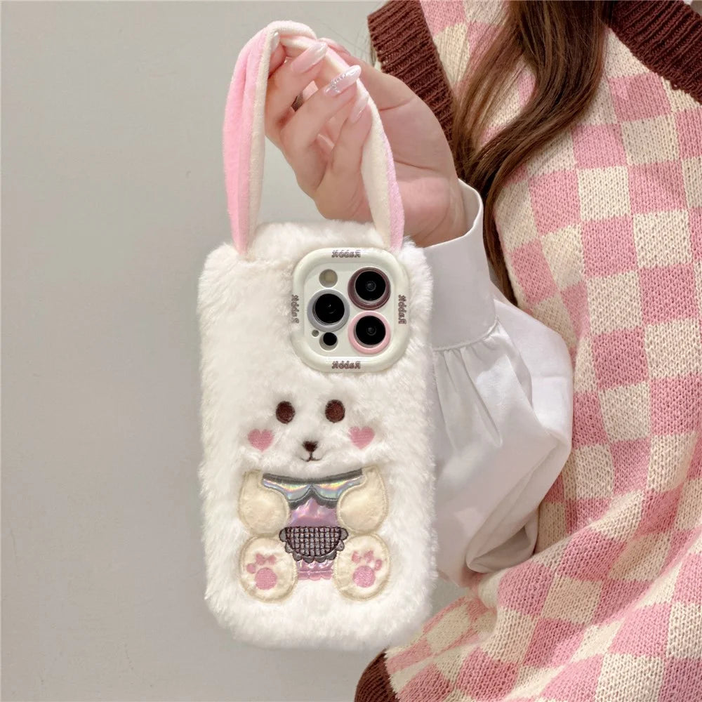 KJS-023 For iPhone 15 Pro Max Case Cute Rabbit Lens Kickstand TPU Warm Plush Handheld Phone Cover - White - 5