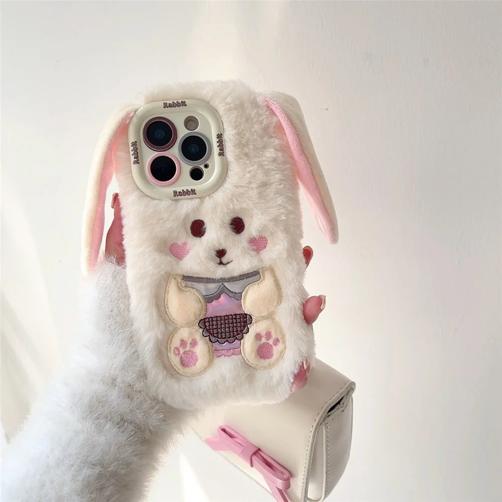 KJS-023 For iPhone 15 Pro Max Case Cute Rabbit Lens Kickstand TPU Warm Plush Handheld Phone Cover - White - 6