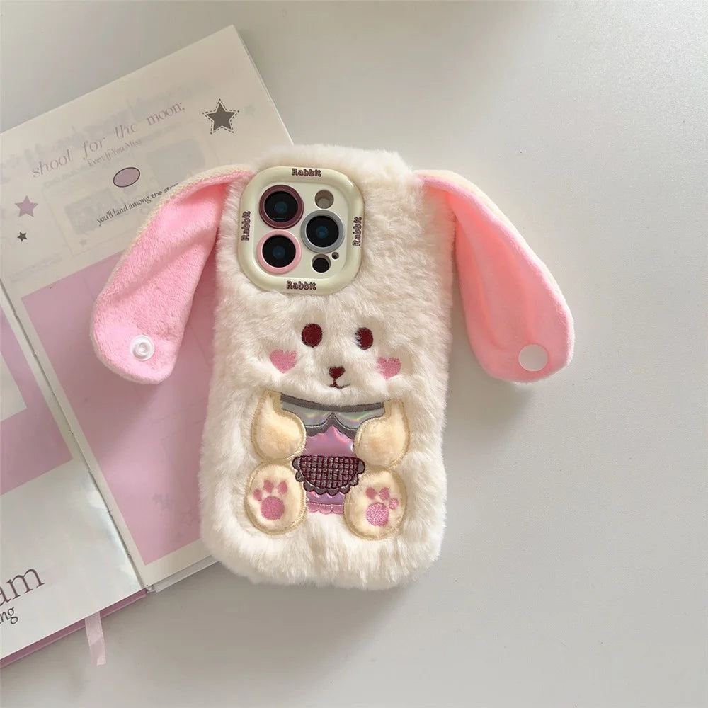 KJS-023 For iPhone 15 Pro Max Case Cute Rabbit Lens Kickstand TPU Warm Plush Handheld Phone Cover - White - 7