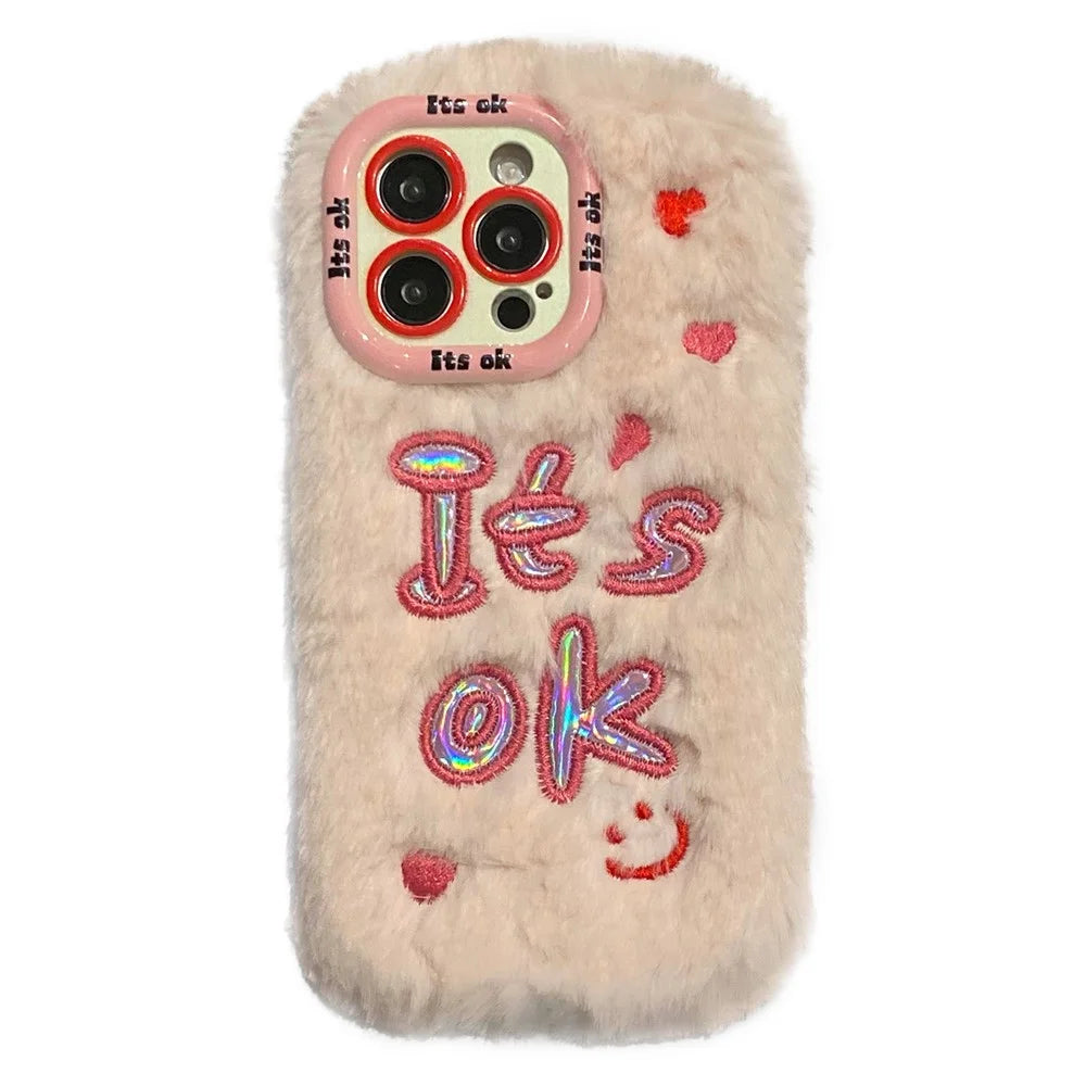 KJS-006 For iPhone 15 Pro Max Case It’S OK Lens Kickstand TPU Plush Furry Phone Cover - Pink - 1