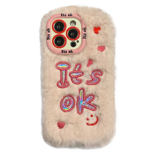 KJS-006 For iPhone 15 Pro Max Case It’S OK Lens Kickstand TPU Plush Furry Phone Cover - Pink - 1