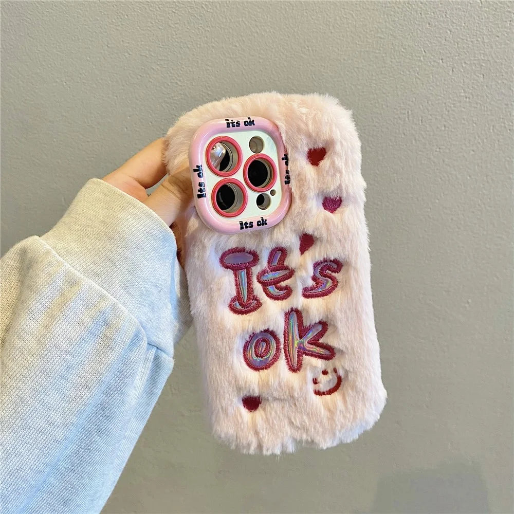 KJS-006 For iPhone 15 Pro Max Case It’S OK Lens Kickstand TPU Plush Furry Phone Cover - Pink - 3