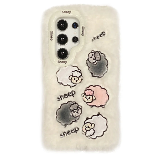 KJS-007 For Samsung Galaxy S24 Ultra Case Embroidered Sheeps Lens Kickstand TPU Plush Furry Phone Cover - White - 1