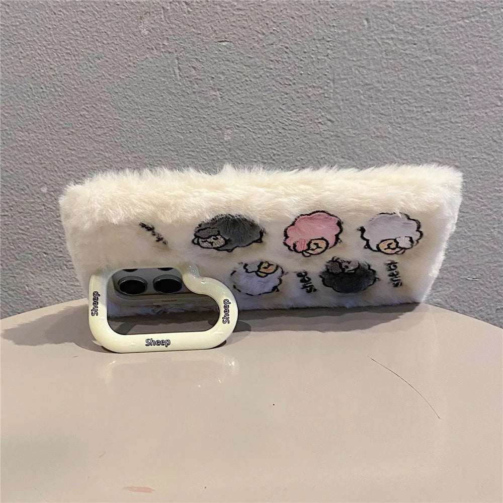 KJS-007 For Samsung Galaxy S24 Ultra Case Embroidered Sheeps Lens Kickstand TPU Plush Furry Phone Cover - White - 2