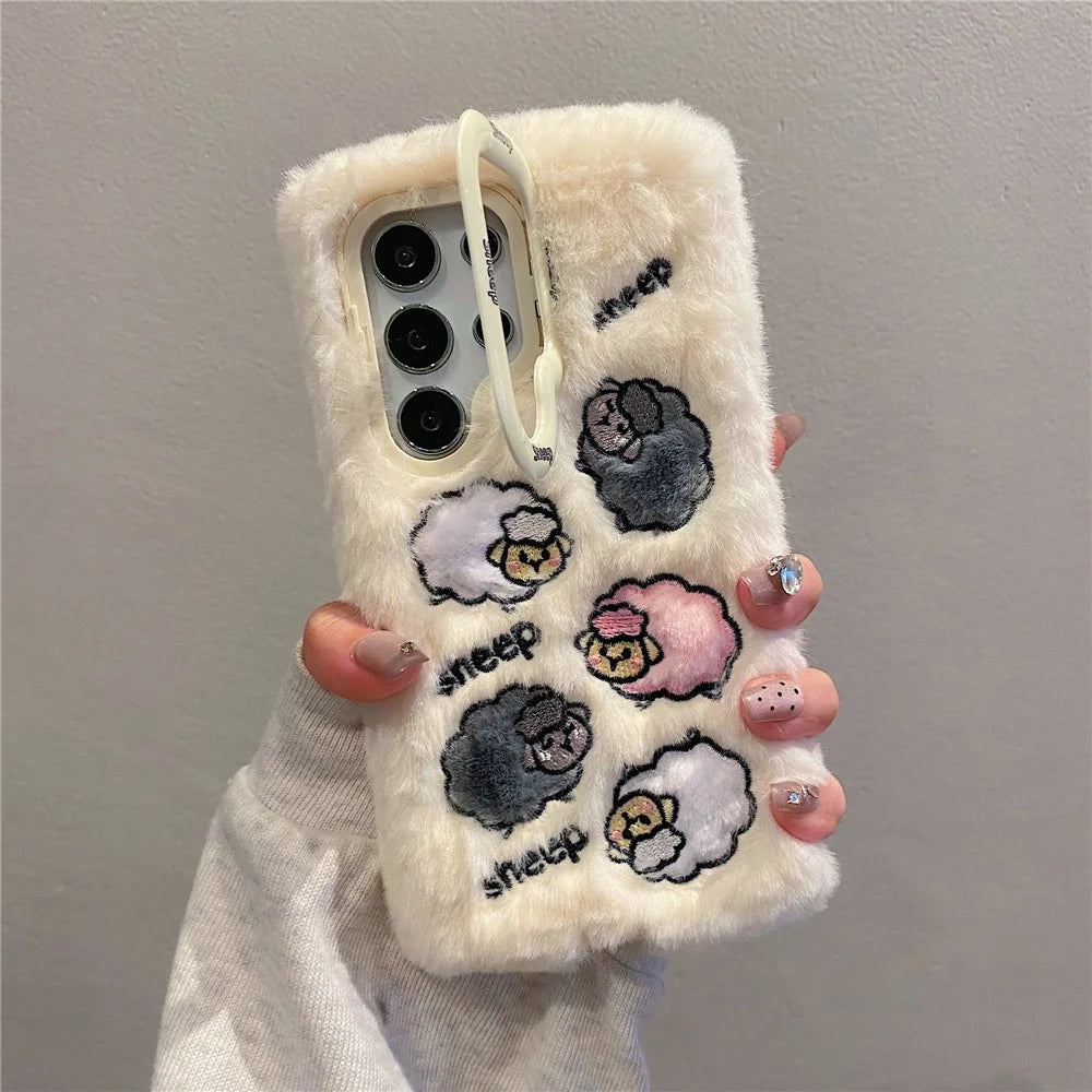 KJS-007 For Samsung Galaxy S24 Ultra Case Embroidered Sheeps Lens Kickstand TPU Plush Furry Phone Cover - White - 3