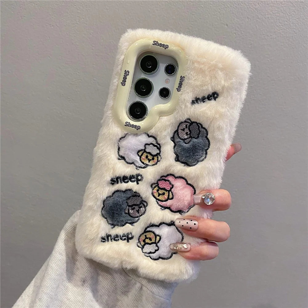 KJS-007 For Samsung Galaxy S24 Ultra Case Embroidered Sheeps Lens Kickstand TPU Plush Furry Phone Cover - White - 4