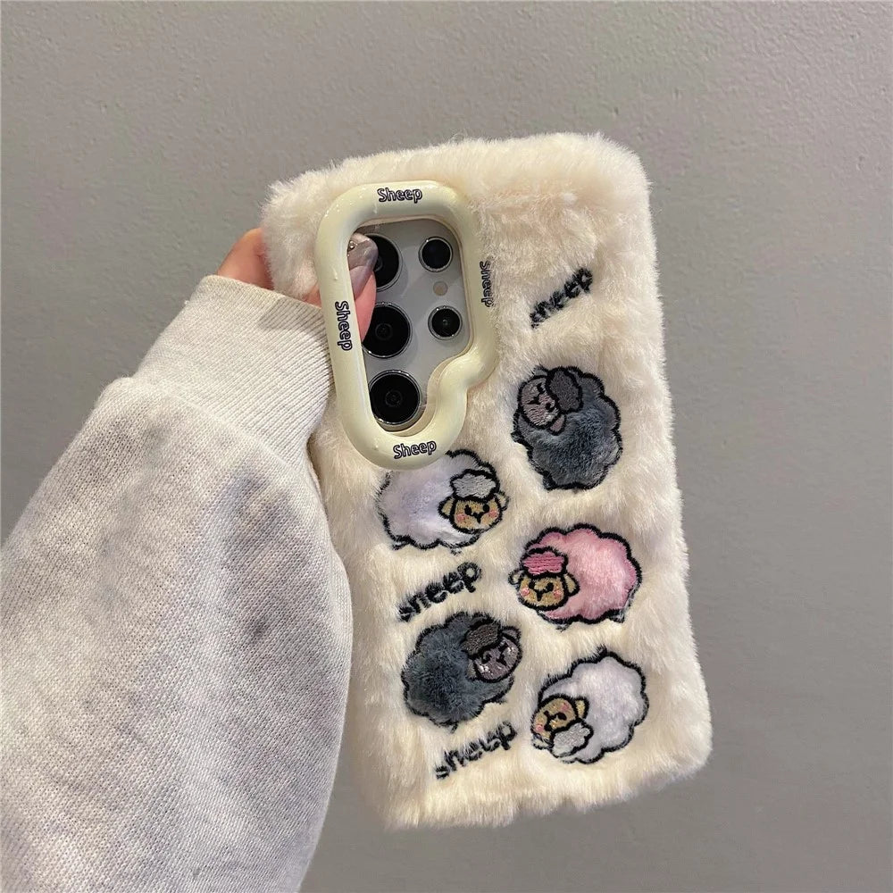KJS-007 For Samsung Galaxy S24 Ultra Case Embroidered Sheeps Lens Kickstand TPU Plush Furry Phone Cover - White - 5