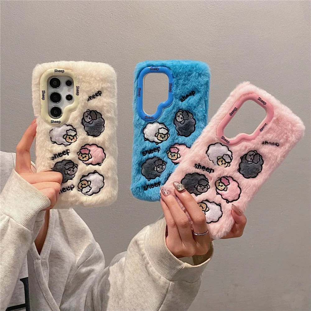 KJS-007 For Samsung Galaxy S24 Ultra Case Embroidered Sheeps Lens Kickstand TPU Plush Furry Phone Cover - White - 6