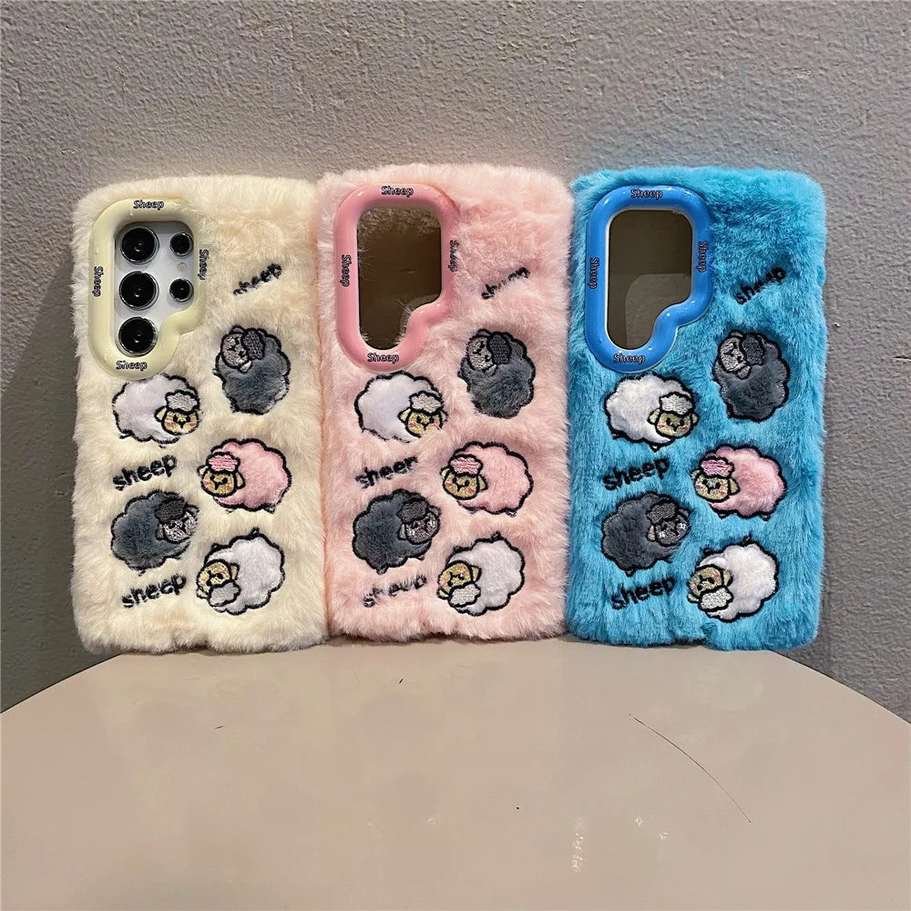 KJS-007 For Samsung Galaxy S24 Ultra Case Embroidered Sheeps Lens Kickstand TPU Plush Furry Phone Cover - White - 7